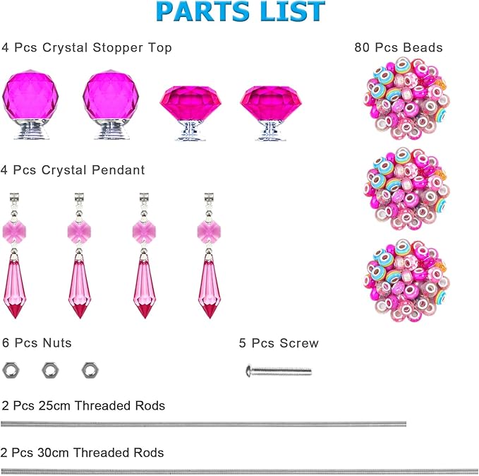 Exway 100 PCS DIY Fairy Wand Beaded Garden Stake Beads Kits with Rose Red Large Hole Beads 4 Crystal Stopper Top Threaded Rods and 4 Rose Red Sparkling Crystal Pendants for Outdoor Indoor Decor