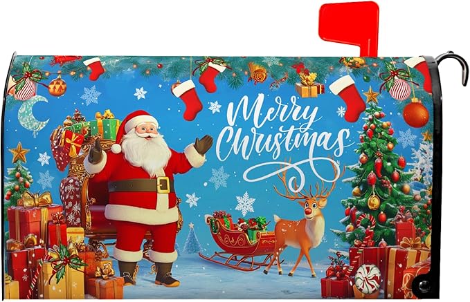 Merry Christmas Mailbox Covers Magnetic Father Christmas Mailbox Cover Santa Claus Mail Box Wraps Magnetic Standard Size 21x18 inch for Outside Garden Yard Xmas Tree
