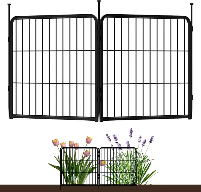 SunsGrove Garden Fence 24 in(H) x 3.7 ft(L) 2 Panels, Heavy Duty Metal Animal Barrier Fence for Dogs, Easy No-Dig Setup, Decorative Dog Fences, Black