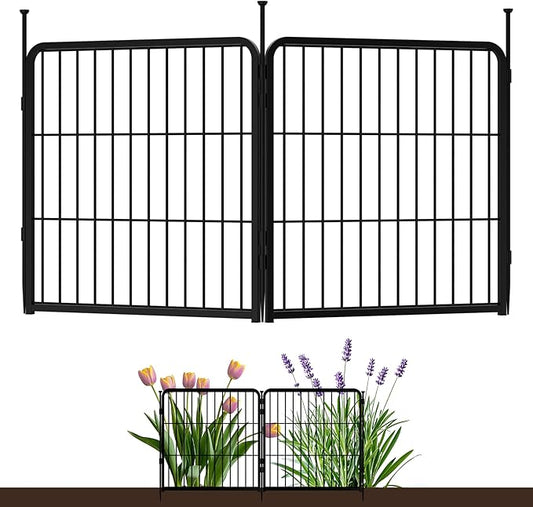 SunsGrove Garden Fence 24 in(H) x 3.7 ft(L) 2 Panels, Heavy Duty Metal Animal Barrier Fence for Dogs, Easy No-Dig Setup, Decorative Dog Fences, Black
