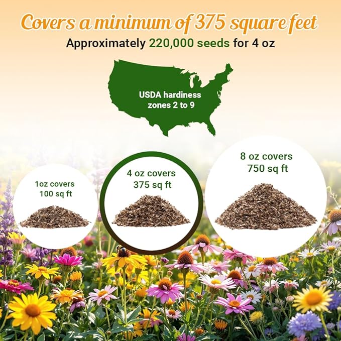 Drought Tolerant Wildflower Seeds - 4oz, Open-Pollinated Bulk Flower Seed Mix for Beautiful Perennial, Annual Garden Flowers - No Fillers - 4 oz Packet