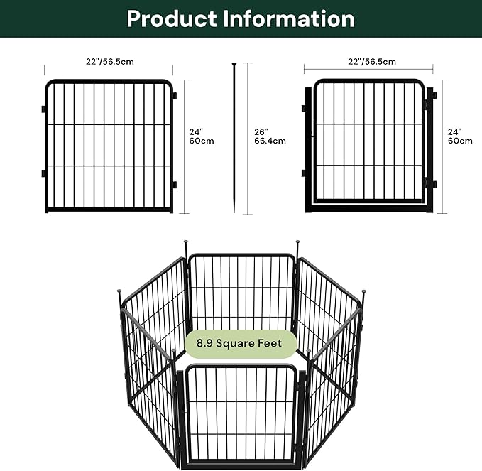 SunsGrove Garden Fence with Gate, 24 in(H) x 11.1 ft(L) 6 Panels Heavy Duty Metal Animal Barrier Fence for Yard, Suitable for Indoor or Outdoor Dog Pet Fence, Garden Fence Border, Black