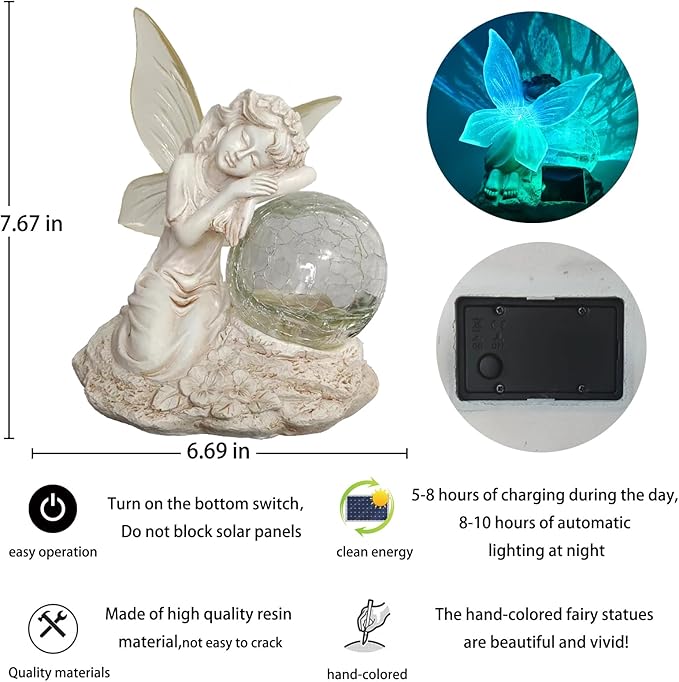 Fairy Garden Statue ，Solar Garden Decor ，Fairy Statue Outdoor with Glass Ball ，Waterproof Outdoor Decor，Suitable for Yard, Lawn ，Ideal for Holiday Giving (Left)