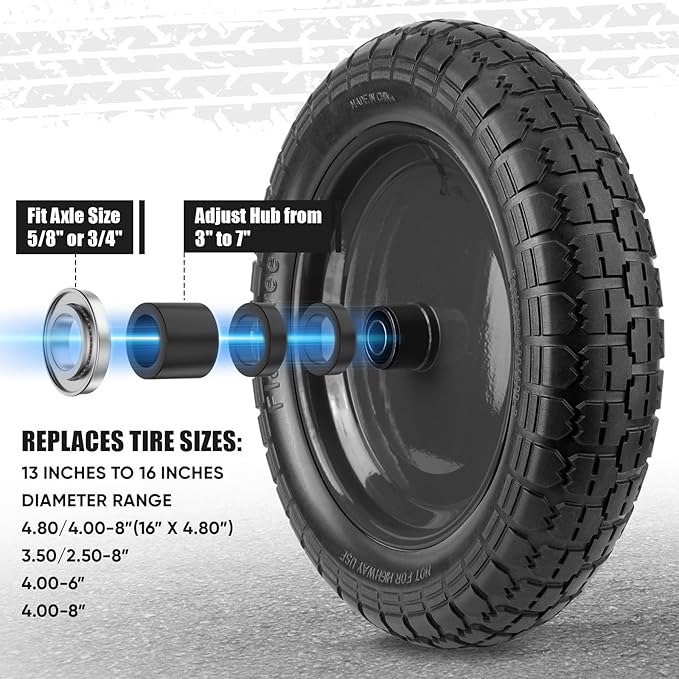 TICONN 4.80/4.00-8 Tire, 16" Flat Free Wheelbarrow Tire and Wheel, Solid Replacement Tires, 5/8" 3/4" Bearings, Universal Fit 4.80/4.00-8, 3.50/3.00-8, 4.00-6 (16" Black, 2PK)