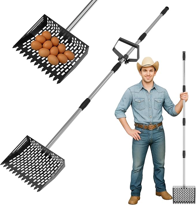 Chicken Poop Scooper, 10 Inch 2 in 1 Rake Chicken Coop Scoop, Adjustable Sifting Shovel Heavy-Duty Chicken Coop Accessory Feces Shovel with Adjustable Handle & Pet Waste Cleaning