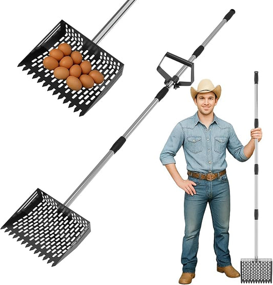 Chicken Poop Scooper, 10 Inch 2 in 1 Rake Chicken Coop Scoop, Adjustable Sifting Shovel Heavy-Duty Chicken Coop Accessory Feces Shovel with Adjustable Handle & Pet Waste Cleaning