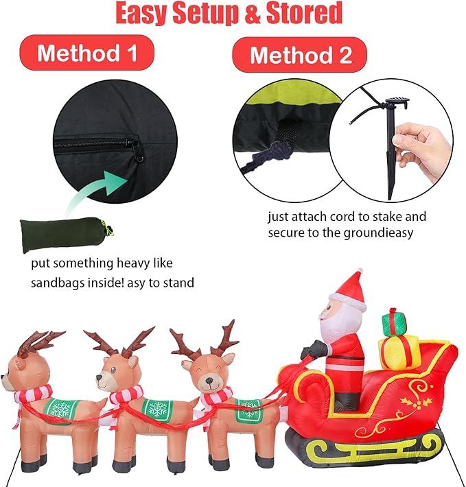 VCUTEKA Christmas Inflatables Outdoor Decorations, 12FT Blow Up Santa Claus Sleigh with Reindeer and Gifts, Animated Christmas Inflatable Yard Decoration with LED Lights for Holiday Lawn Garden Décor