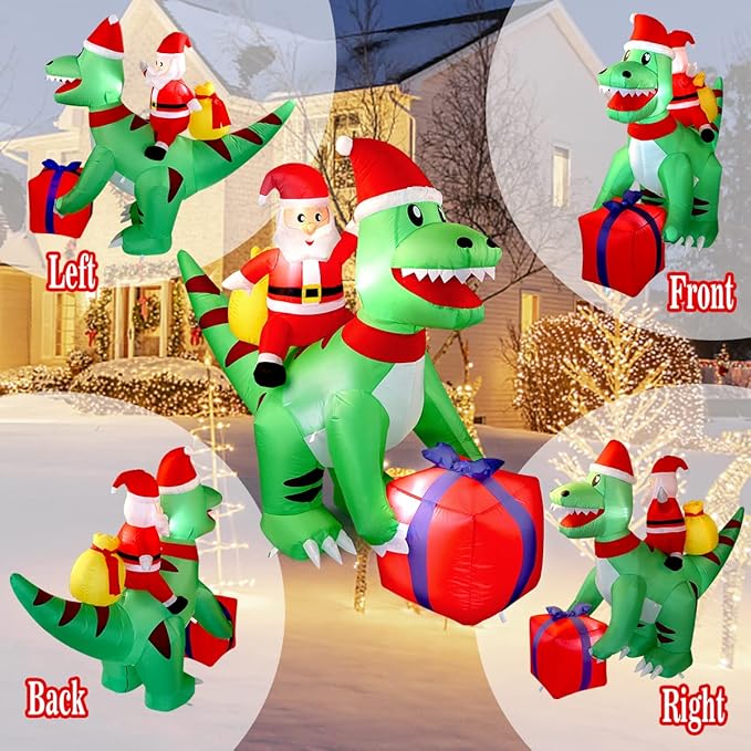 5 Ft Christmas Inflatable Dinosaur with Santa, LED Lights, Indoor Outdoor Holiday Yard Decor, Green T-Rex with Gift Box