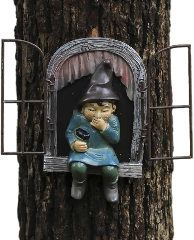 Tree Gnome Statue Open Door Fairy Wall Decoration -Resin Tree Window Figure Decor for Outdoor Patio Lawn Porch (Brown)