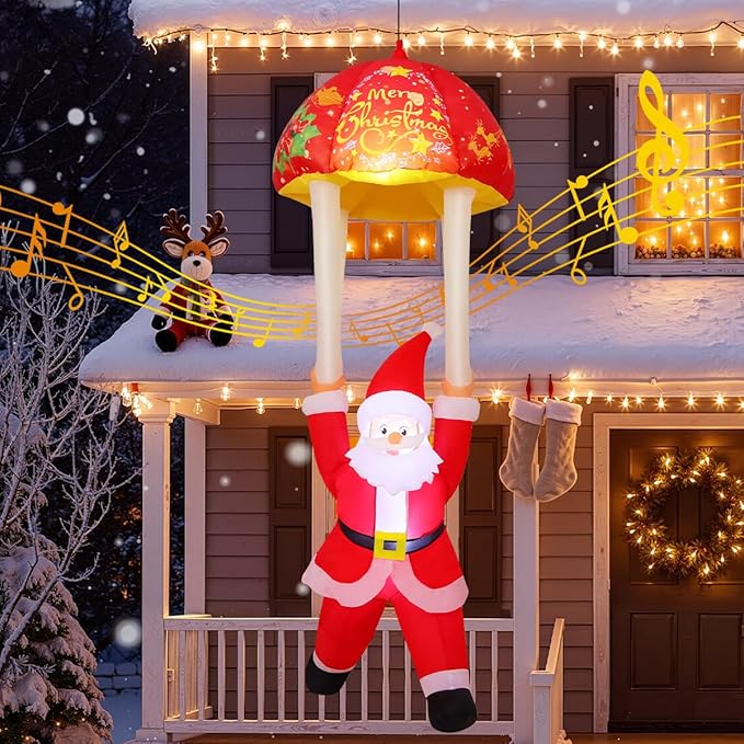 GOOSH 8.2 FT Hanging Musical Christmas Santa Inflatables Decorations, Outdoor Parachute Santa Claus Blow Up Yard with Built-in LEDs for Indoor Party Yard Garden Lawn Decor