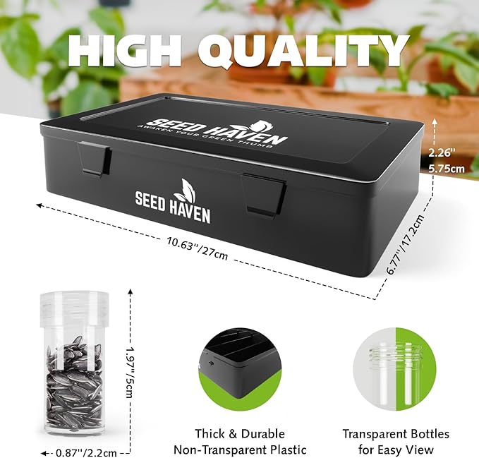 Seed Organizer Storage Box, Black Opaque Light Proof Seed Bank with 60 Transparent Bottles & Labels, Seed Holder Packet Organizer, Seed Vault Container for Homesteaders, Garden Tackle and Sorter