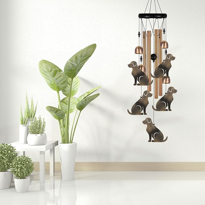 Bronze Dog Wind Chime, Gifts for Mom, Home, Garden, Balconies, Room, Patio, Indoor, Outdoor Decoration, Chimes, with 4 Aluminum Tubes 5 Dog Wind Catcher, Wind Bell Decor