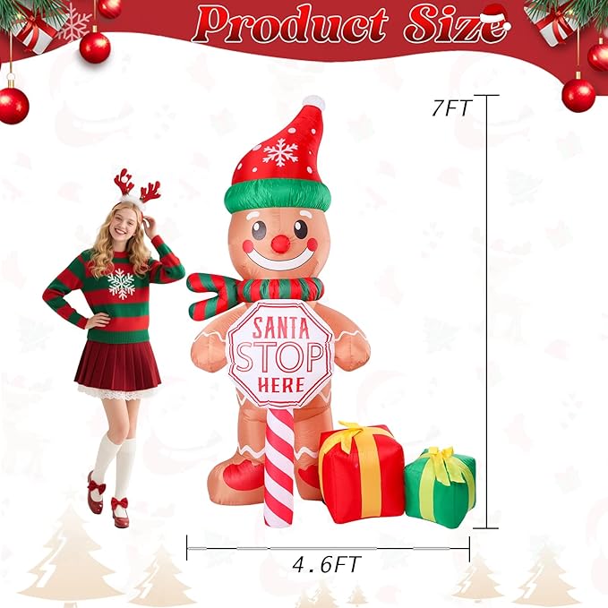 7 FT Christmas Inflatable Outdoor Decorations, Inflatable Gingerbread Man with Sign and Gifts Bags Built-in LED Lights Blow Up Yard Decorations for Holiday Indoor Outdoor Party Garden Lawn
