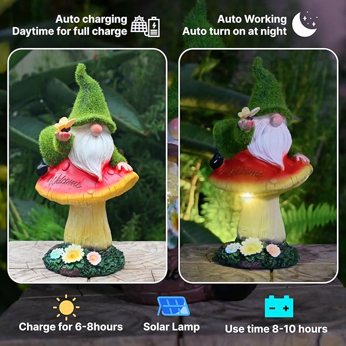 Garden Gnome Statues Decor with Solar Lights, Outdoor Decorations for Yard Porch Lawn Balcony Patio, Housewarming Gifts