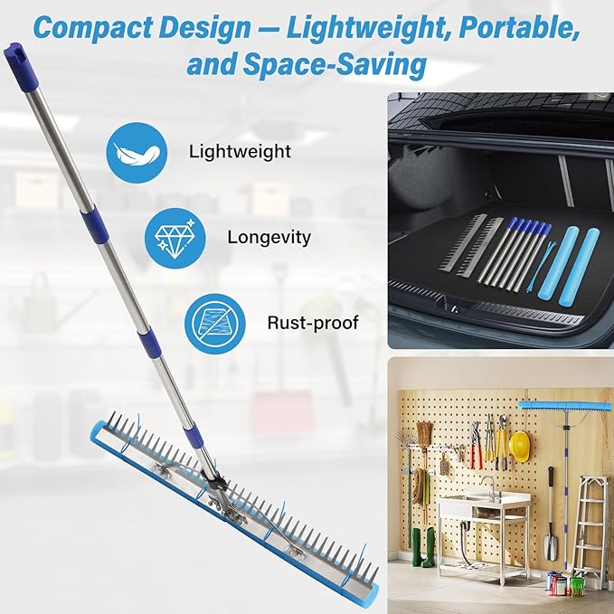 Aluminum Landscape & Lake Rake, 31'' Wide Heavy Duty Rake for Gravel Driveway Leveling, Aquatic Weed, Algae, Muck, Leaf & Seaweed Removal, Long Handle for Outdoor Beach, Garden & Lawn Yard Cleaning