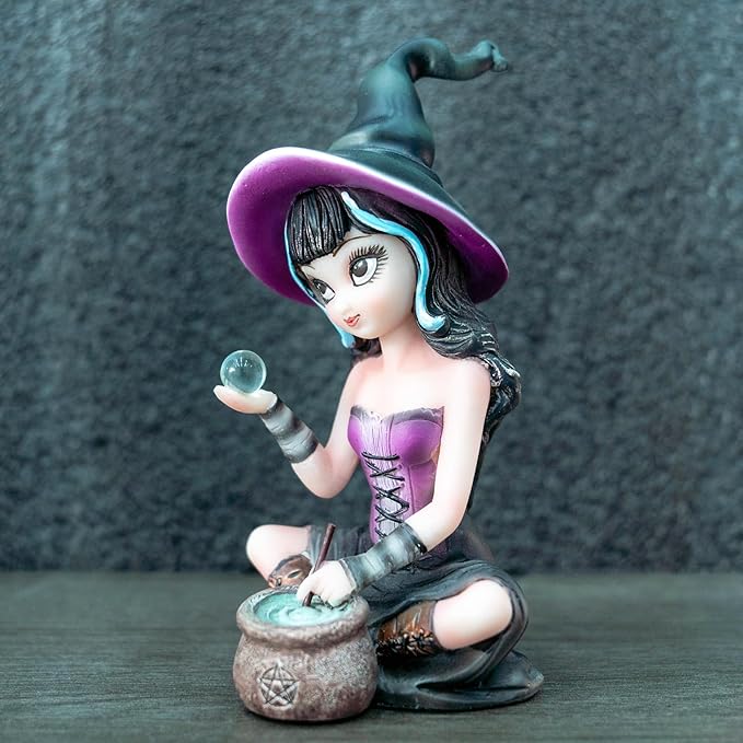 Purple Witch Resin Statue - Holding Magic Crystal Ball Home Decoration Halloween/Christmas Magician Theme Collectibles Mysterious Divination Gifts