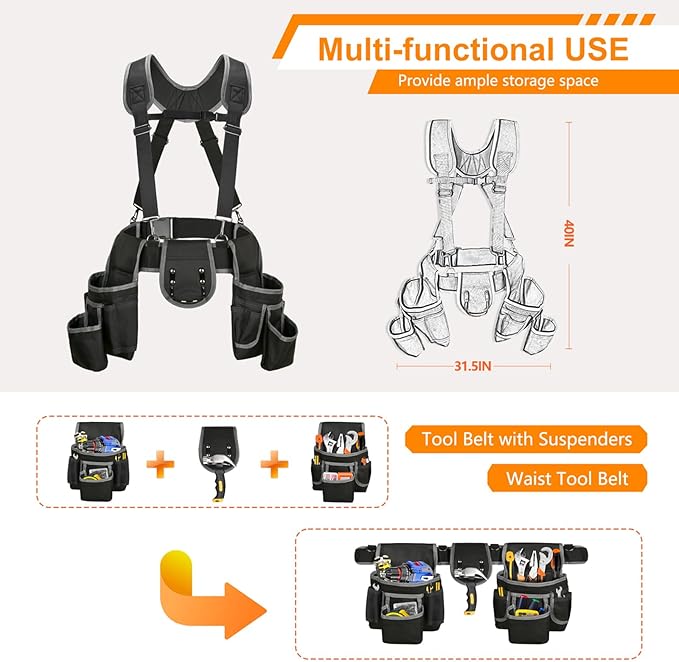 Tool Belt with Suspenders, Professional Tool Belt for Men, 18-Pocket Adjustable Heavy Duty Tool Organizer for Electrician, Carpenter, Framer, Construction Worker, Black & Blue (32''–66'')