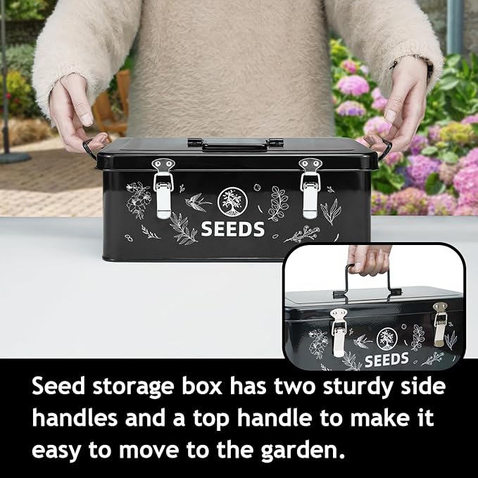 Seed Storage Box, Seed Storage Organizer with Garden String, 30 Seed Envelopes and Bamboo Plant Labels, 4 Compartments Garden Seed Organizer Box with Safety Locks, Black