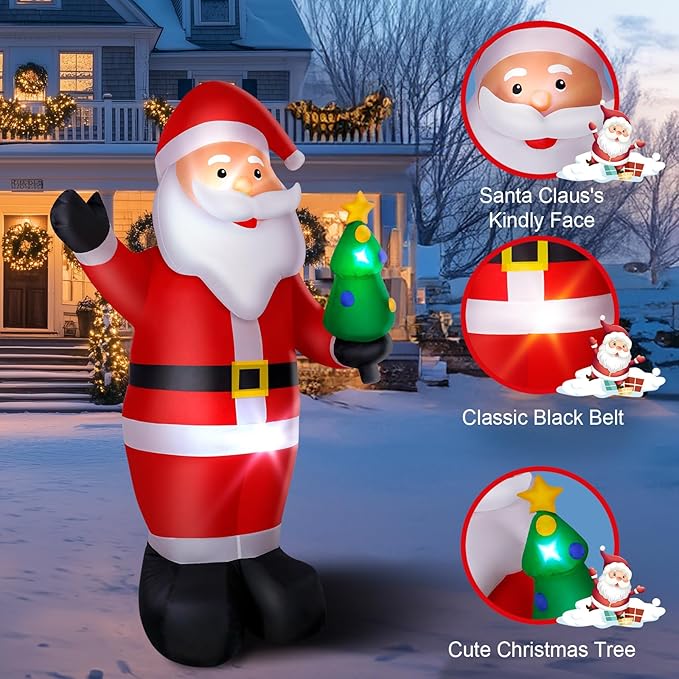 8FT Christmas Inflatable Santa Claus Outdoor Decorations, Inflatable Santa with Xmas Tree Built-in LED Lights, Blow Up Yard Decorations for Holiday Xmas Party Indoor Garden Lawn