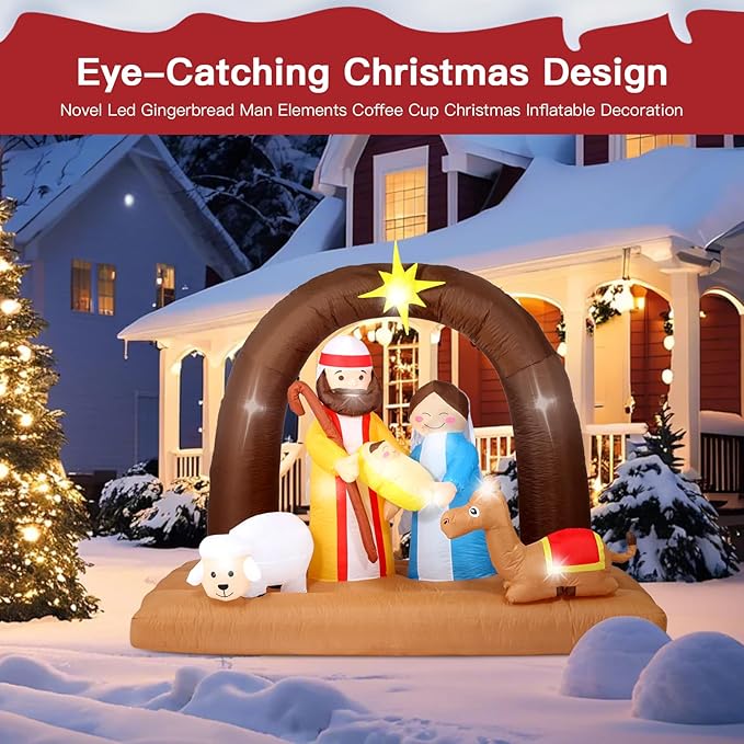8FT Christmas Inflatables Nativity Scene Decorations Outdoor，Blow Up Nativity Scene with Built-in LEDs Lights for Indoor Holiday Party Yard Garden Lawn Décor