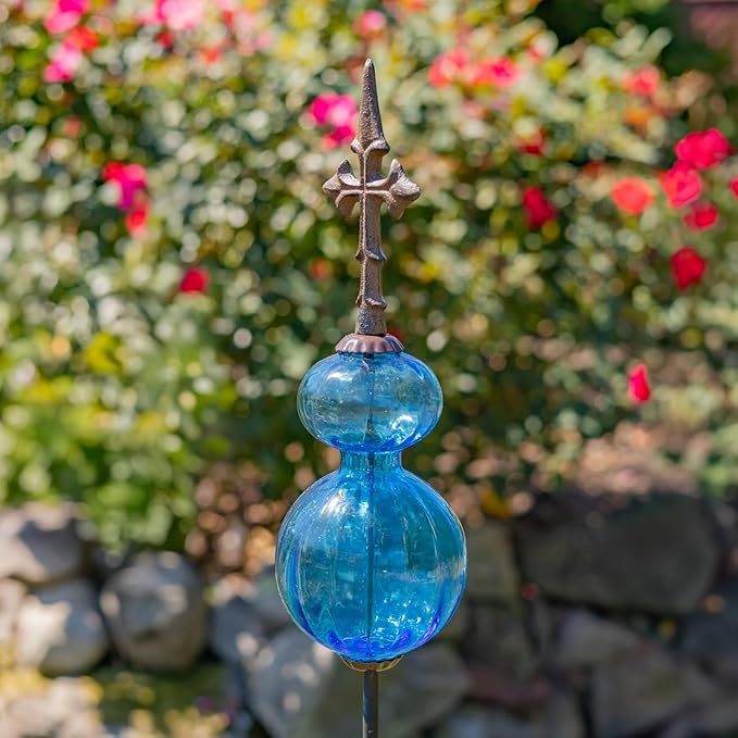 Zaer Ltd. Colored Blown Glass Garden Stake with Cast Iron Finial on Top (Pack of 2) (Cobalt Blue)
