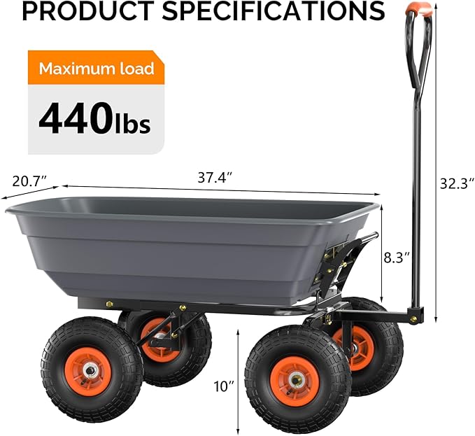 VINGLI Dump Cart Wagon, 440LBS Quick-Release Dump Wheelbarrow, All-Terrain 10" Tires Garden Wagon for Yard, Lawn and Outdoor Use