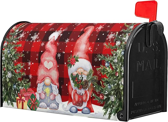 Winter Gnomes Mailbox Cover Magnetic- Large Size 25.5x21 Inch- Christmas Trees Winter Snowflakes Red Black Buffalo Plaids Mailbox Wrap Post Cover for Yard Garden Outside Home Decor