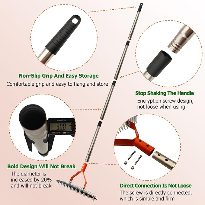 Thatch Rake,Lawn Thatcher Rake with Different Tooth Space, 68" Adjustable Length Thicker Handle for Cleaning Fallen Leaves, Lawn Renovation Care and Loosening Soil