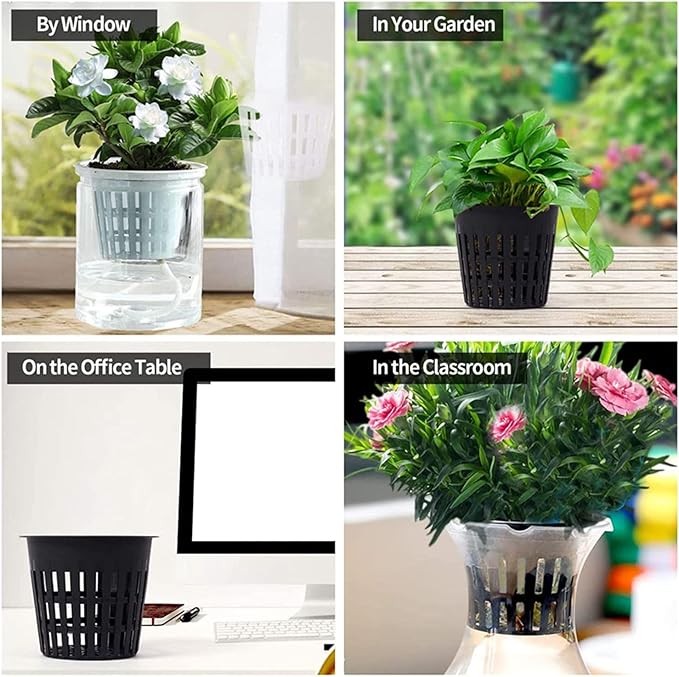 4 Inch Plastic Net Cups, Pots Plant Containers, for Hydroponics Aquaponics Orchids, 10 Pcs Black, with 20pcs Garden Tags.