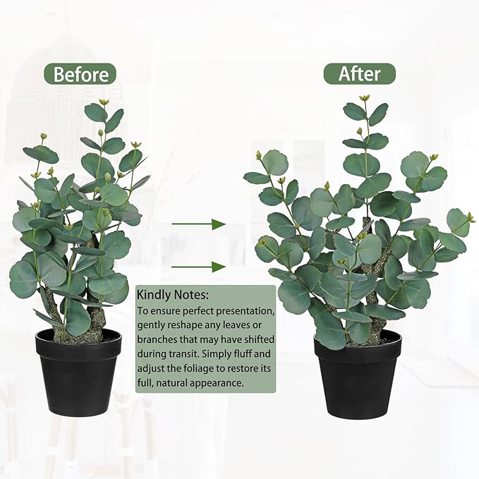 Artificial Plants Indoor with Pot, 18" Tall Faux Plants Indoor Silk Plant, Fake Potted Plant Small Eucalyptus Tree for Living Room Bathroom Kitchen Farmhouse Office Desk Table Shelf Decor, Green