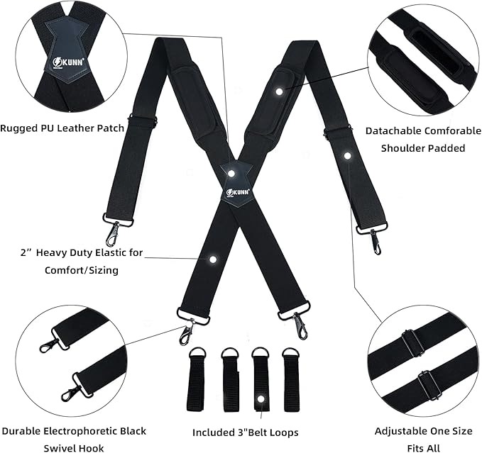 KUNN Tool Belt Suspenders Removable Padded Shoulder Work Suspenders with 4Pcs Attachment Loops,Comfortable and Adjustable