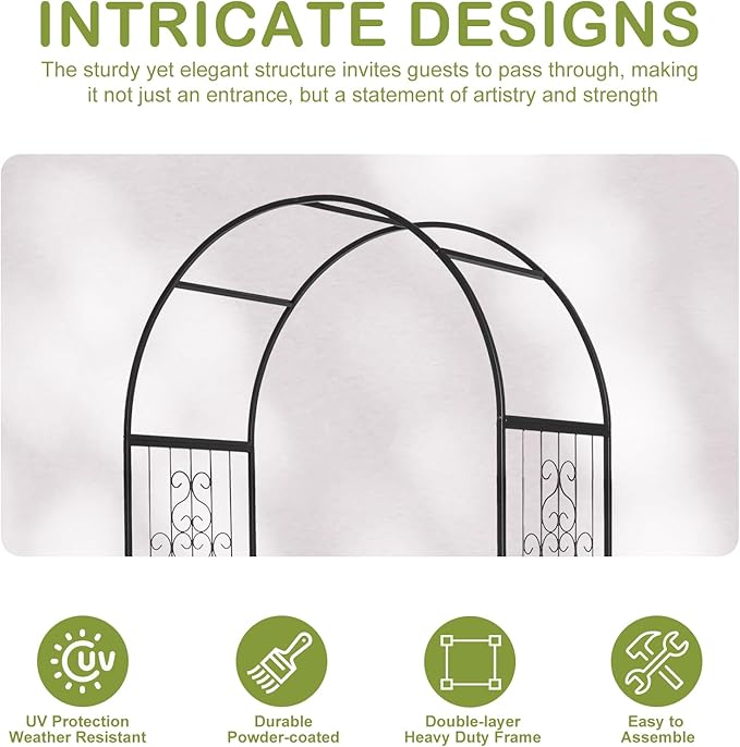 Outvita 7FT Garden Arch Arbor with Entry Door and Plant Frame, Heavy Duty Metal Arbour Archway, Decorative Frame Stand Trellis with Ground Stakes for Wedding Ceremony Party Plant Patio Black
