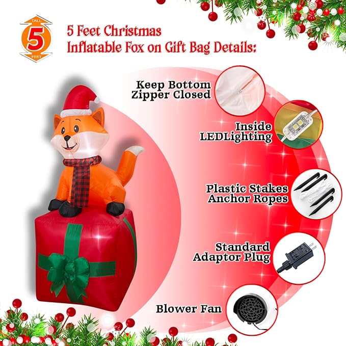 Christmas Inflatables Fox on Giftbox Lighted Yard Lawn Inflatable Decoration with Built-in Fan and Stakes Ropes Holiday Party Decor, Christmas Decor (5FT-Fox on GiftBox)