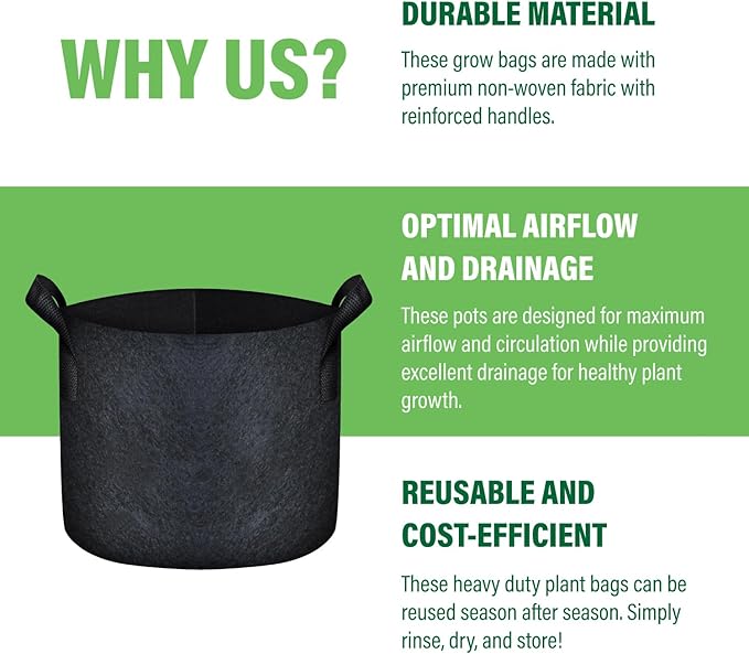 Humboldts Secret Fabric Grow Bags - Non Woven Fabric Plant Pots - Reusable Garden Bags - Plant Grow Bags for Indoor and Outdoor Plants - Thick Fabric Pots with Handles (5-Pack) (3 Gallon)