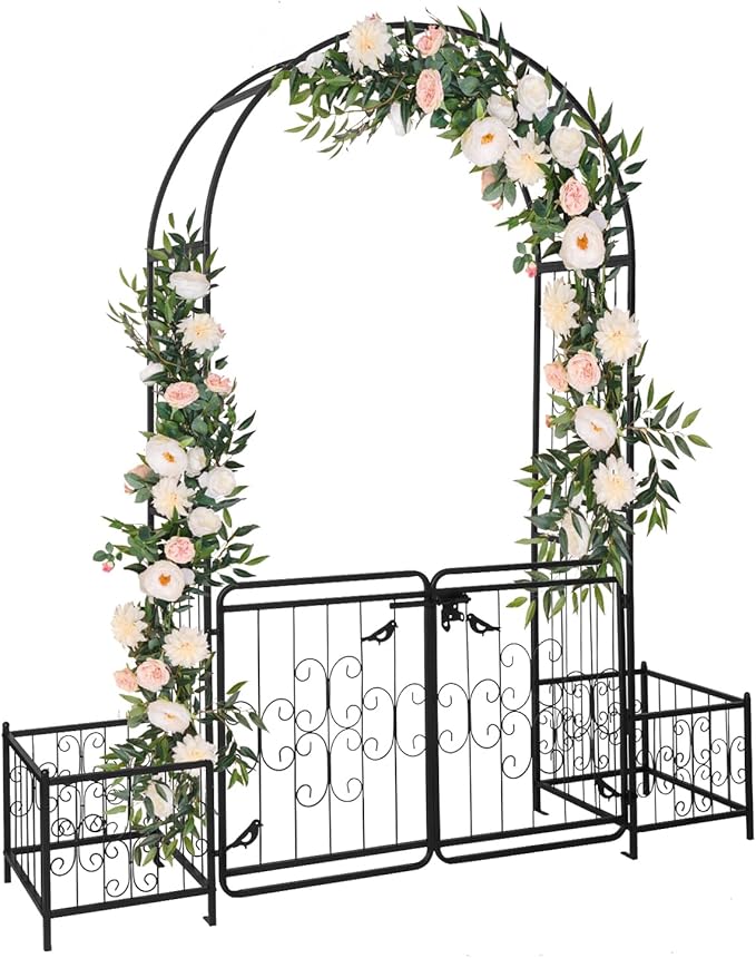 Garden Arbor with Gate and Planter, 7FT Wedding Arches for Ceremony, Metal Arbor Trellis for Climbing Plants Outdoor, Black Garden Archway for Lawn, Patio and Backyard, Includes Ground Stakes