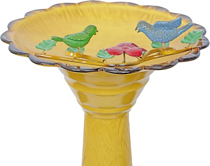 Alpine Corporation ORS112YL Vintage Metal Pedestal Birdbath with Stand, Shallow Bird Bath Bowl for Outside, 28" H, Yellow