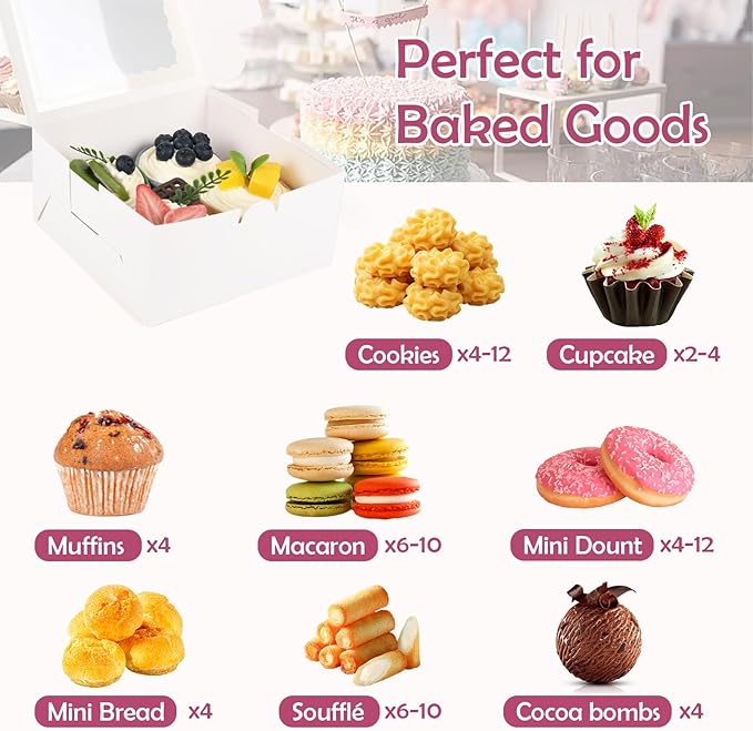 100 Pcs Bakery Boxes with Window, 6x6x3 Inches Cookie Boxes, White Paperboard Treat Boxes for for Pastries, Cookies, Strawberries, Macarons, Desserts, Cupcakes with paper stickers