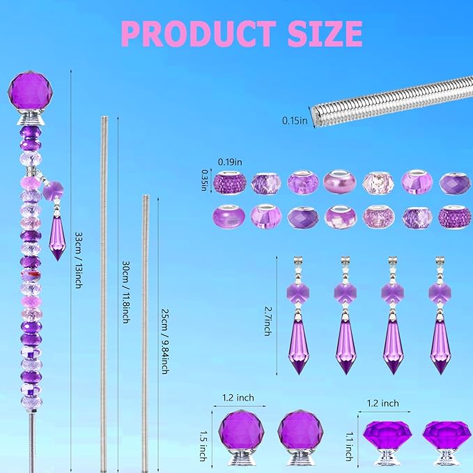 Exway 100 PCS DIY Fairy Wand Beaded Garden Stake Beads Kits with Purple Large Hole Beads 4 Crystal Stopper Top Threaded Rods and 4 Purple Sparkling Crystal Pendants for Outdoor Indoor Decor