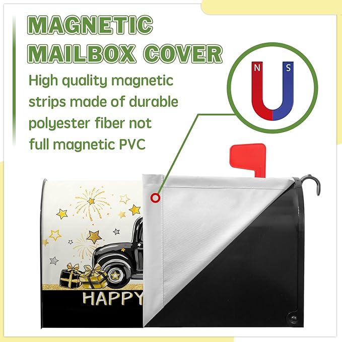 Happy New Year Mailbox Cover Magnetic Standard Size 21x18 Black Truck Mailbox Covers for Winter Holiday Garden Yard Outdoor Decoration