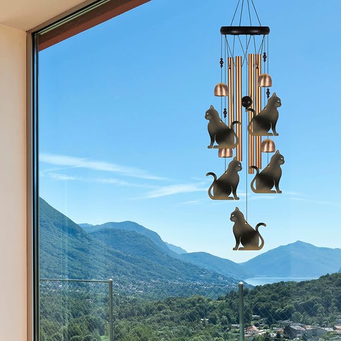 Bronze Cat Wind Chime, Gifts for Mom, Home, Garden, Balconies, Rooms, Patio, Indoor, Outdoor Cat Decoration, Cat Chimes, With 4 Aluminum Tubes 5 Cats Wind Chimes, Cat Wind Catcher, Cat Wind Bell Decor