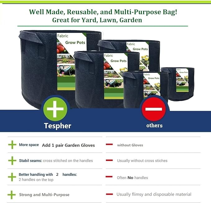 5-Pack 3 Gallon Thickened Plant Grow Bags (10x8 inch) Gardening Bags Fabric Plant Pots for Garden Pots,Flower Pot,Plant Nursery Bag,Herbs Veggies Planter Bag,Barrel Planter,Garden Container W/ Gloves