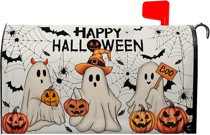 Happy Halloween Mailbox Covers Magnetic Boo Ghost Mail Box Cover Pumpkin Mailbox Wraps Magnetic Standard Size 21x18 inch for Outside Garden Yard Spider Web Bat