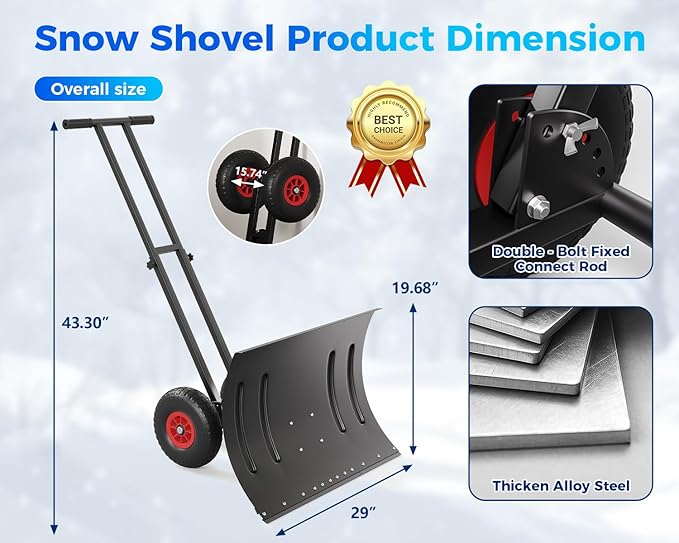 Garvee 29" Snow Pusher Shovel with Wheels,Heavy Duty Steel Snow Shovel with Wheels,Angled Blade Efficient Snow Removal With5-Position Angled Blade & Adjustable Handle for Doorway, Sidewalk,Black