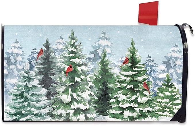 Winter Pine Trees Mailbox Cover Magnetic Standard Size 20.5" x 18", Snowy Forest Cardinal Decorative Post Letter Box Wrap Decor, Woodland Christmas Seasonal Garden Yard Outdoor Decoration