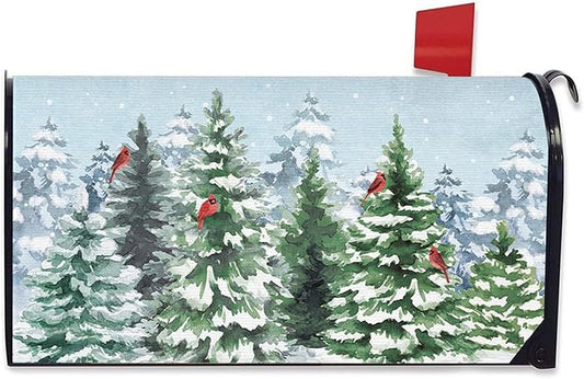 Winter Pine Trees Mailbox Cover Magnetic Standard Size 20.5" x 18", Snowy Forest Cardinal Decorative Post Letter Box Wrap Decor, Woodland Christmas Seasonal Garden Yard Outdoor Decoration