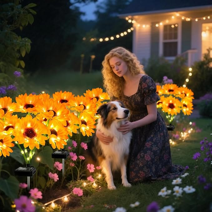 Upgraded Solar Sunflower Lights 1 Pack with 6 Outdoor Decor Flower Lights for Garden Gift for Mom and Friends, IP65 Waterproof Sunflower Garden Stake Lights for Yard Patio Lawn Pathway (Warm White)
