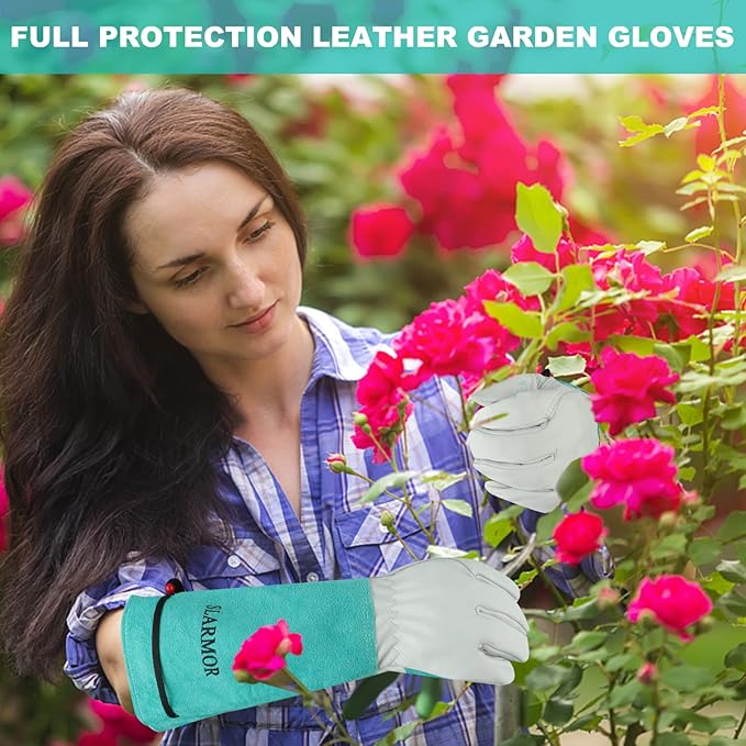 Long Gardening-Gloves Women/Men - Thorn proof Rose Pruning Heavy Duty Gauntlet, Best Garden Gifts for Gardener (Medium, Green)