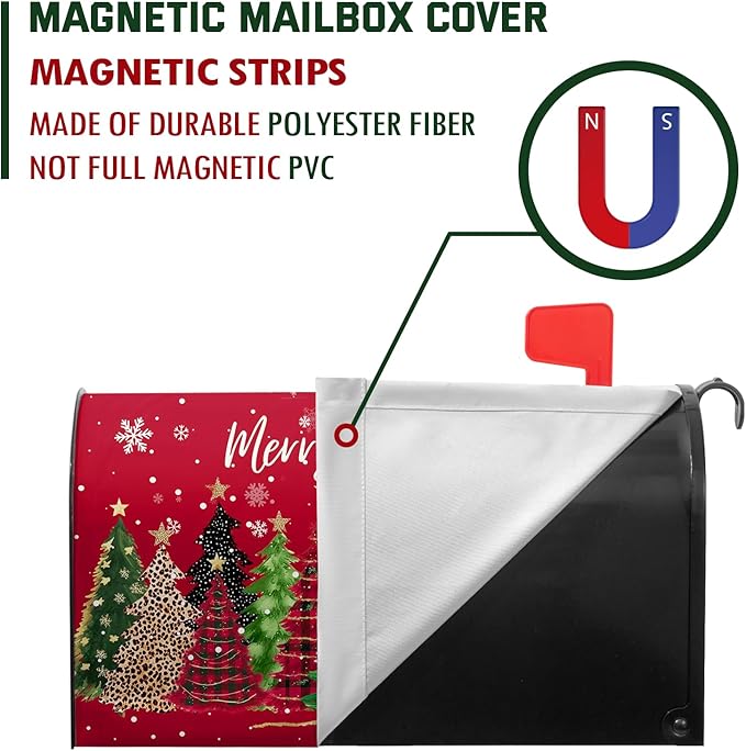 Merry Christmas Large Mailbox Covers Magnetic Oversized Xmas Tree Mail Box Cover Winter Snowflake Mailbox Wraps for Outside Garden Yard 25.5x21 inch Happy New Year Red