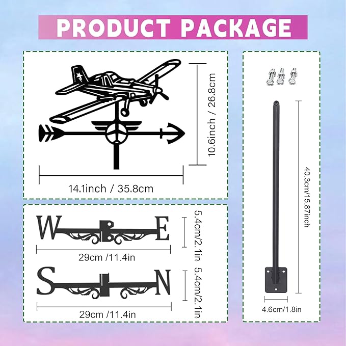 Airplane Weathervane 26' Height Black Metal Wind Sculpture Roof Garden Art Decor Farmhouse Durable Decorative Stake Waterproof Weathervane Garden Decor