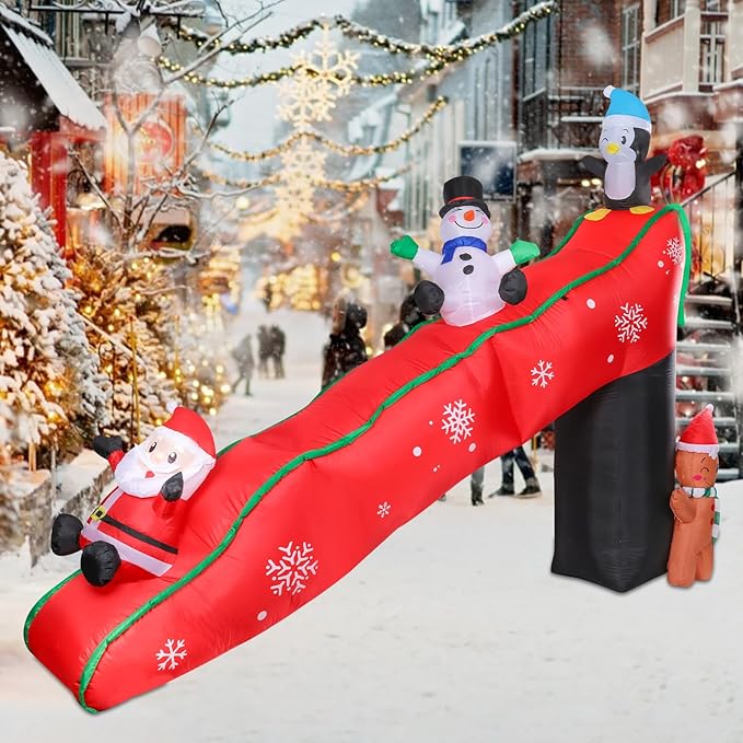 9.7 Ft Long Christmas Inflatables Christmas Blow Up Yard Decorations Christmas Inflatable Santa Clause Snowman Penguin Gingerbread Man Play on Slide Lighted Up Yard Lawn Garden Home Party Decor